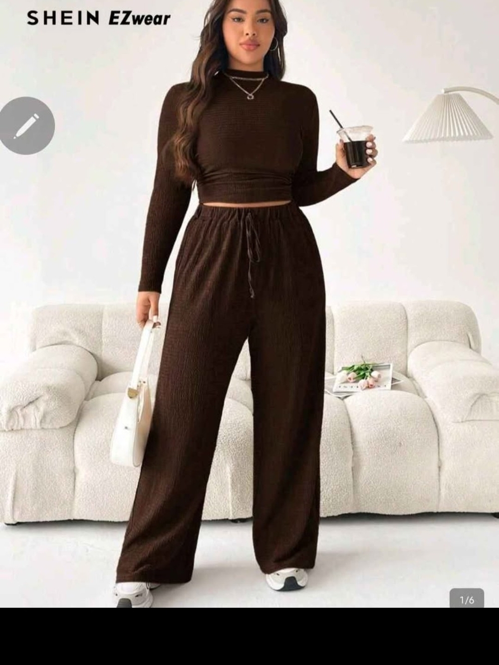 SHEIN Brown & Blue Wide-Leg Lounge Pants with Drawstring With Cropped Top